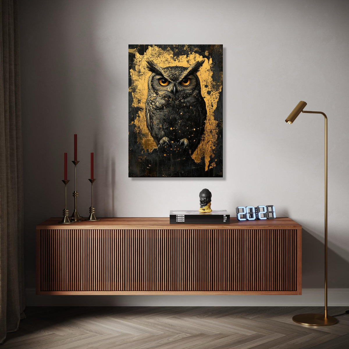 Majestic Owl Canvas Wall Art, Gold and Black Abstract Background, Wildlife Animal Portrait, Modern Rustic Home Gift Art, Home Decor, Print