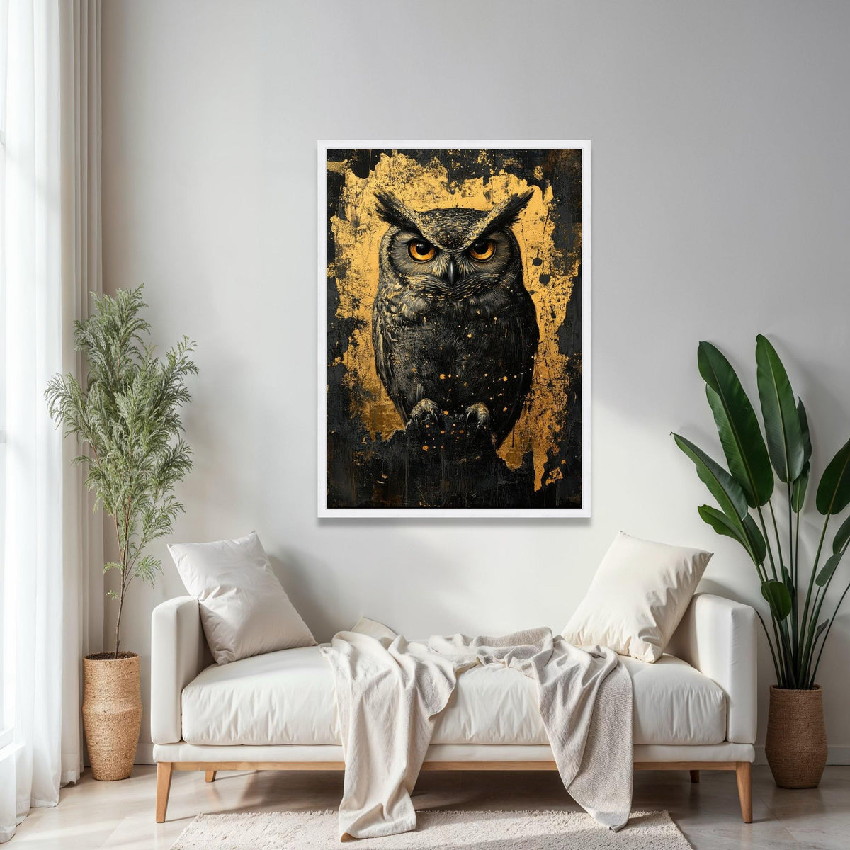Majestic Owl Canvas Wall Art, Gold and Black Abstract Background, Wildlife Animal Portrait, Modern Rustic Home Gift Art, Home Decor, Print