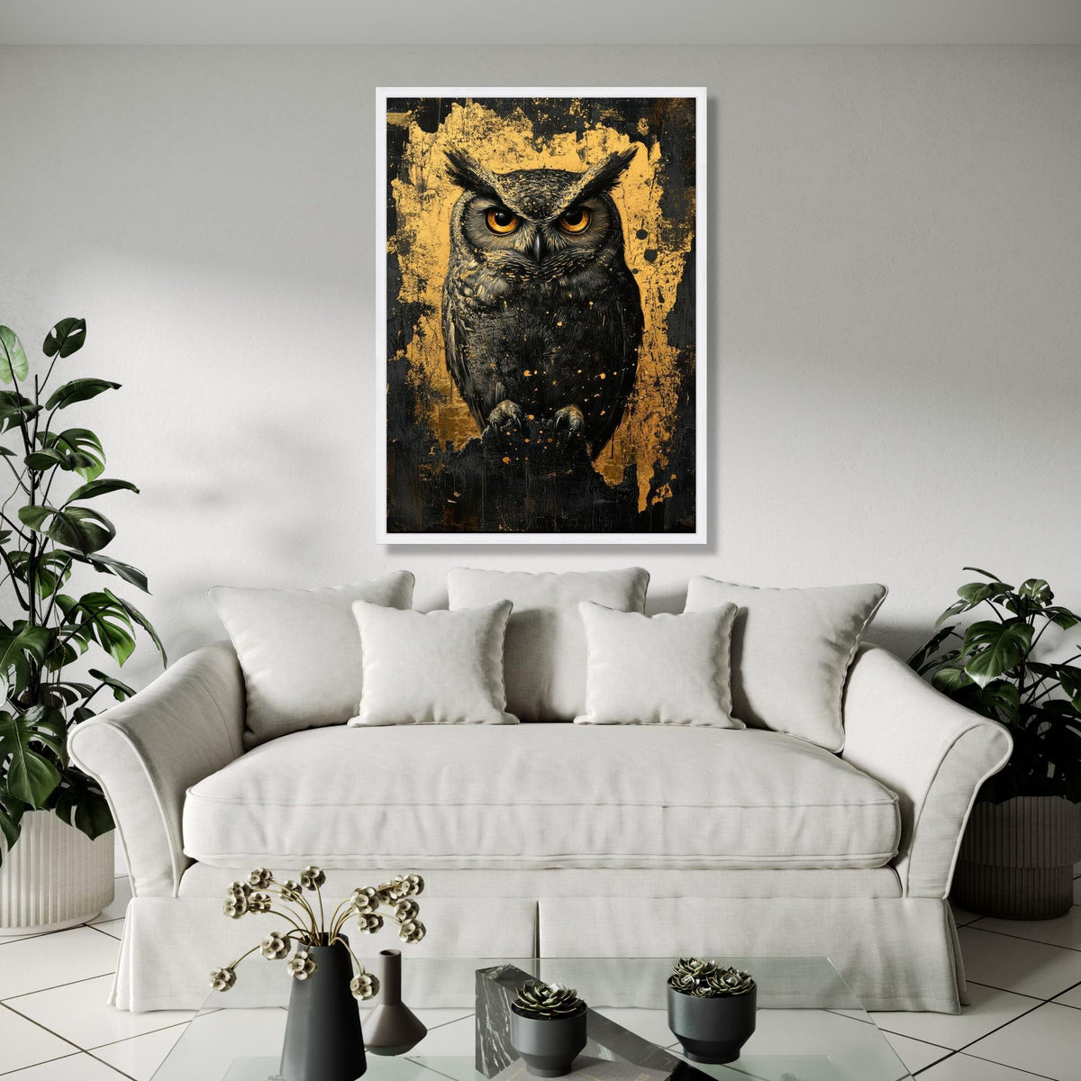Majestic Owl Canvas Wall Art, Gold and Black Abstract Background, Wildlife Animal Portrait, Modern Rustic Home Gift Art, Home Decor, Print