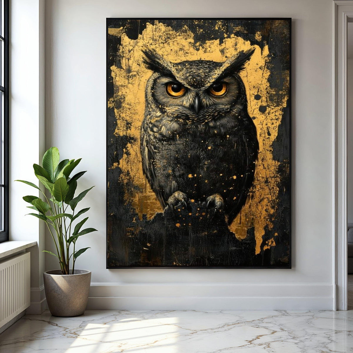Majestic Owl Canvas Wall Art, Gold and Black Abstract Background, Wildlife Animal Portrait, Modern Rustic Home Gift Art, Home Decor, Print