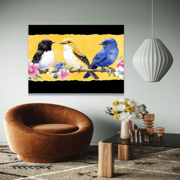 Trio of Colorful Birds on Branch Canvas, Floral Nature Wall Art, Spring Garden Decoration, Vibrant Bird Gift Art, Home Decor, Print