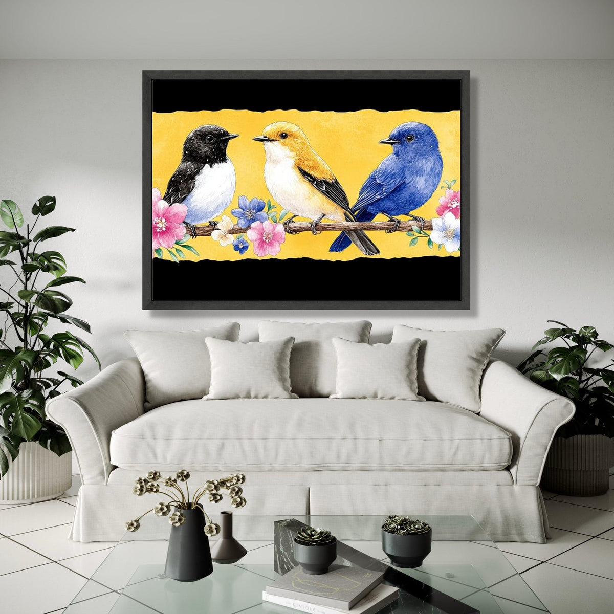Trio of Colorful Birds on Branch Canvas, Floral Nature Wall Art, Spring Garden Decoration, Vibrant Bird Gift Art, Home Decor, Print