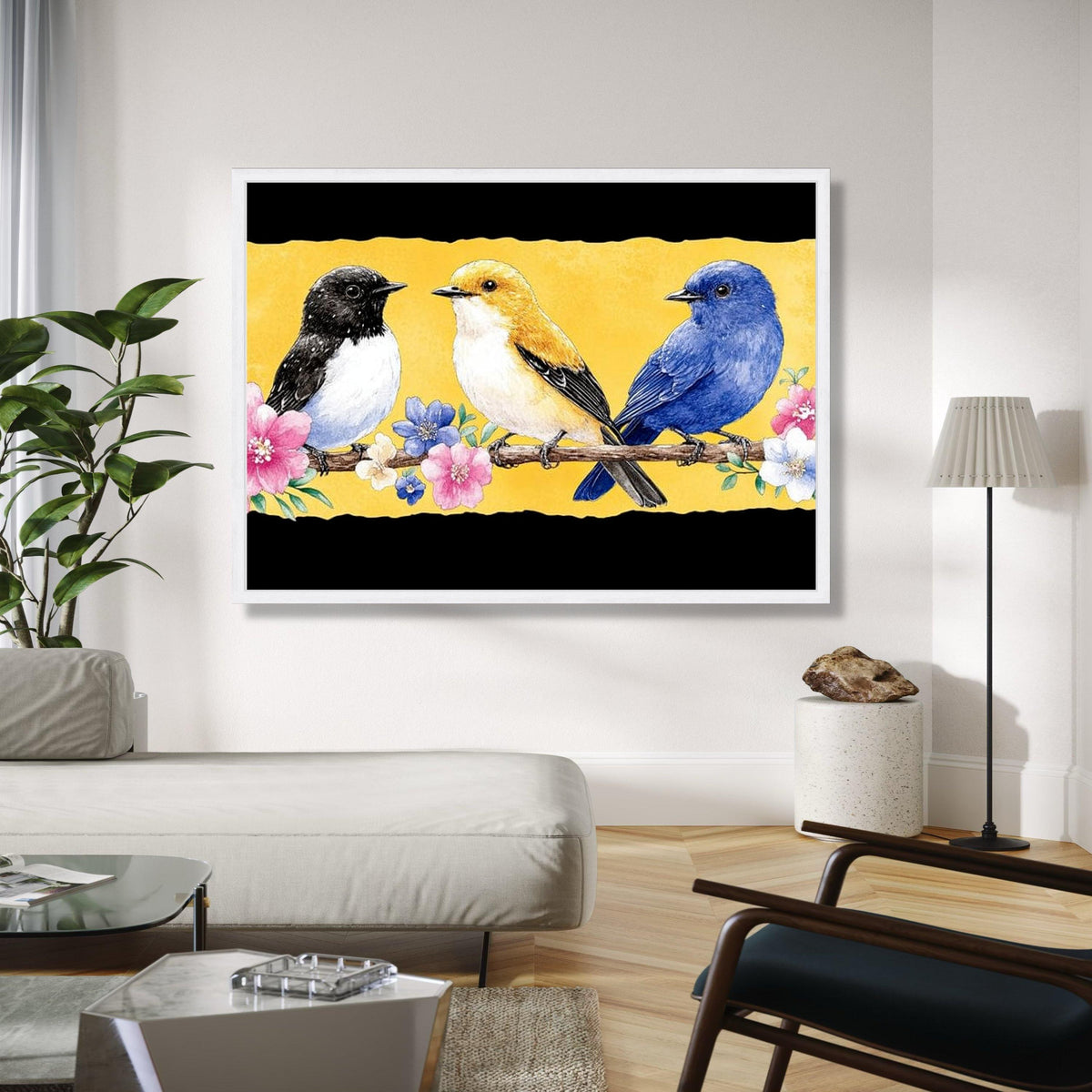 Trio of Colorful Birds on Branch Canvas, Floral Nature Wall Art, Spring Garden Decoration, Vibrant Bird Gift Art, Home Decor, Print