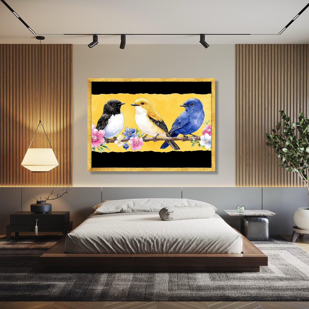 Trio of Colorful Birds on Branch Canvas, Floral Nature Wall Art, Spring Garden Decoration, Vibrant Bird Gift Art, Home Decor, Print