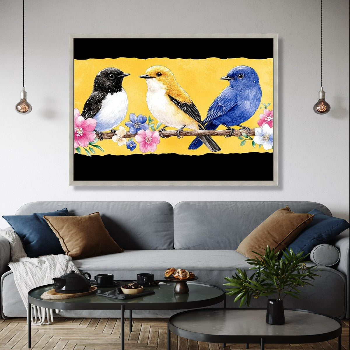 Trio of Colorful Birds on Branch Canvas, Floral Nature Wall Art, Spring Garden Decoration, Vibrant Bird Gift Art, Home Decor, Print