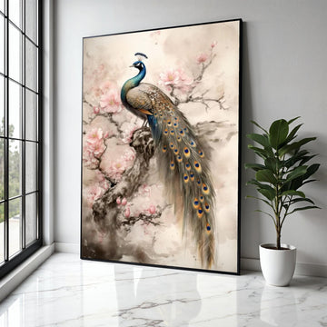 Elegant Peacock on Cherry Blossom Branch Canvas, Floral Wall Art, Nature Inspired Home Decor, Bird Canvas Gift Art, Home Decor, Print