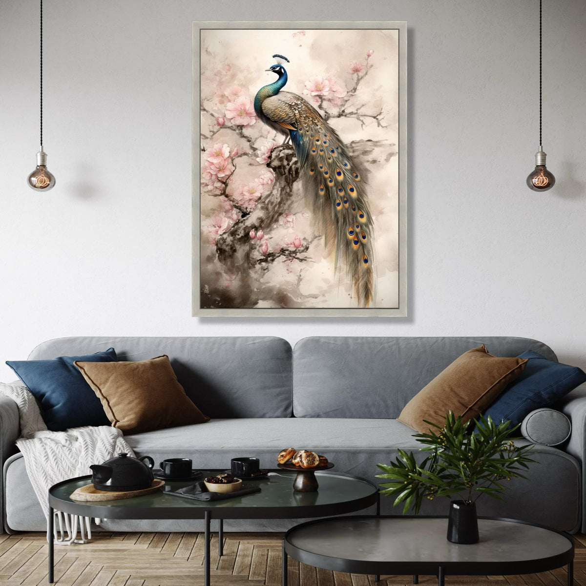 Elegant Peacock on Cherry Blossom Branch Canvas, Floral Wall Art, Nature Inspired Home Decor, Bird Canvas Gift Art, Home Decor, Print