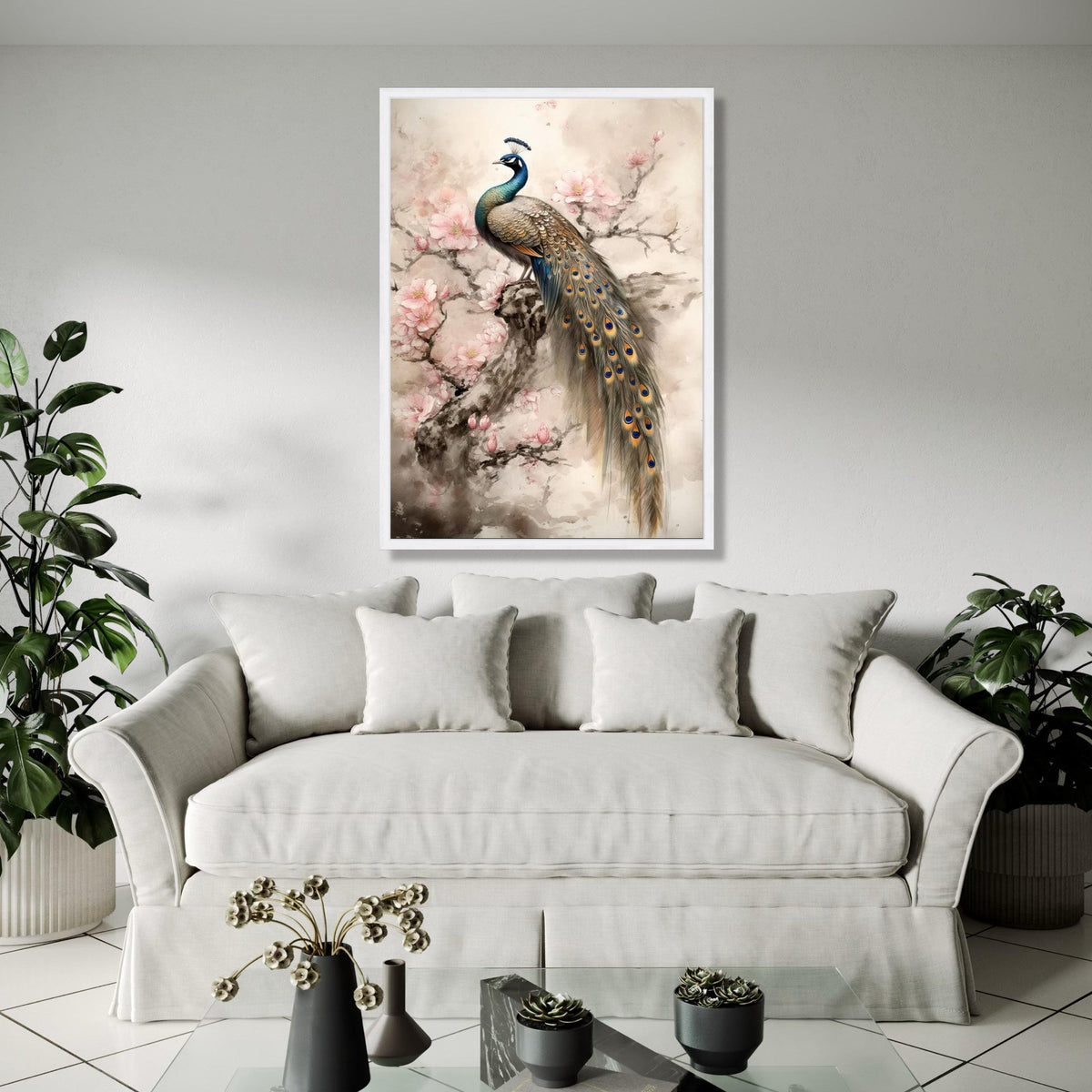 Elegant Peacock on Cherry Blossom Branch Canvas, Floral Wall Art, Nature Inspired Home Decor, Bird Canvas Gift Art, Home Decor, Print