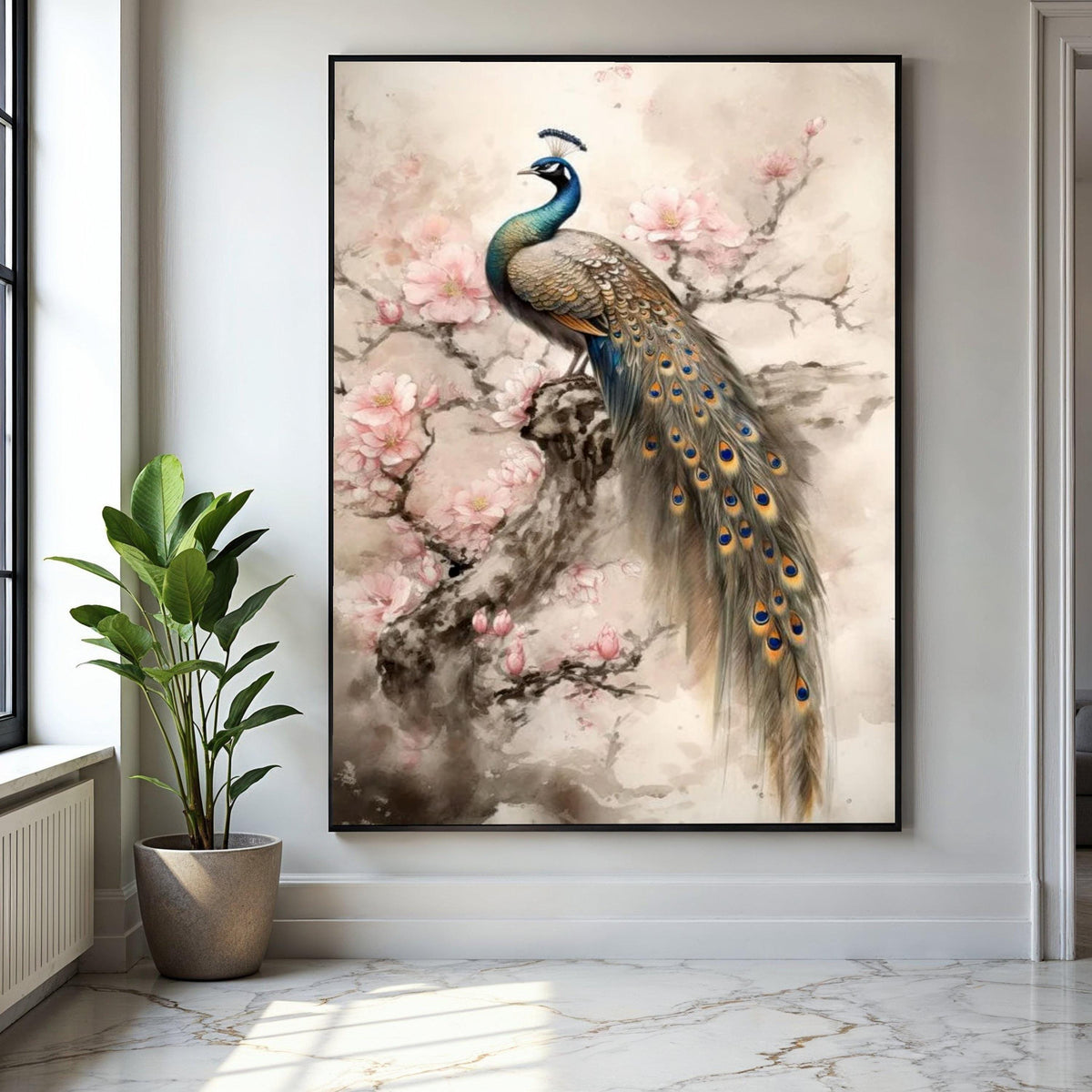 Elegant Peacock on Cherry Blossom Branch Canvas, Floral Wall Art, Nature Inspired Home Decor, Bird Canvas Gift Art, Home Decor, Print