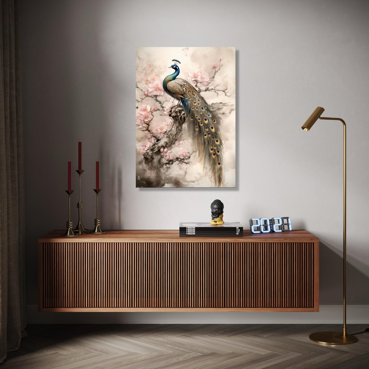 Elegant Peacock on Cherry Blossom Branch Canvas, Floral Wall Art, Nature Inspired Home Decor, Bird Canvas Gift Art, Home Decor, Print