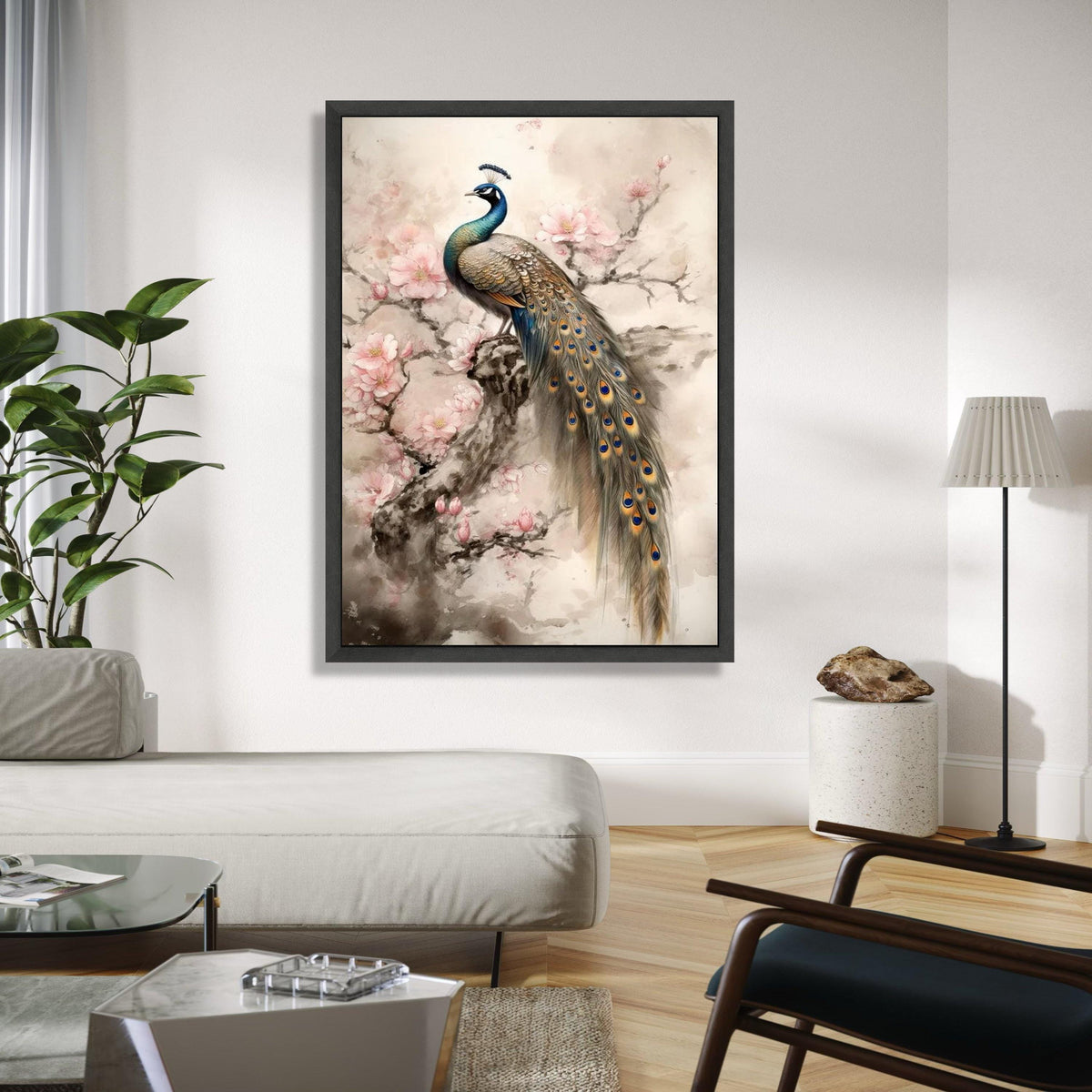 Elegant Peacock on Cherry Blossom Branch Canvas, Floral Wall Art, Nature Inspired Home Decor, Bird Canvas Gift Art, Home Decor, Print