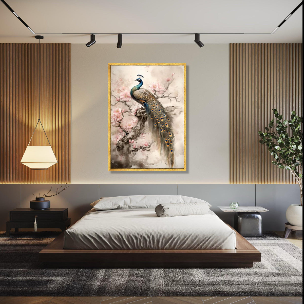 Elegant Peacock on Cherry Blossom Branch Canvas, Floral Wall Art, Nature Inspired Home Decor, Bird Canvas Gift Art, Home Decor, Print