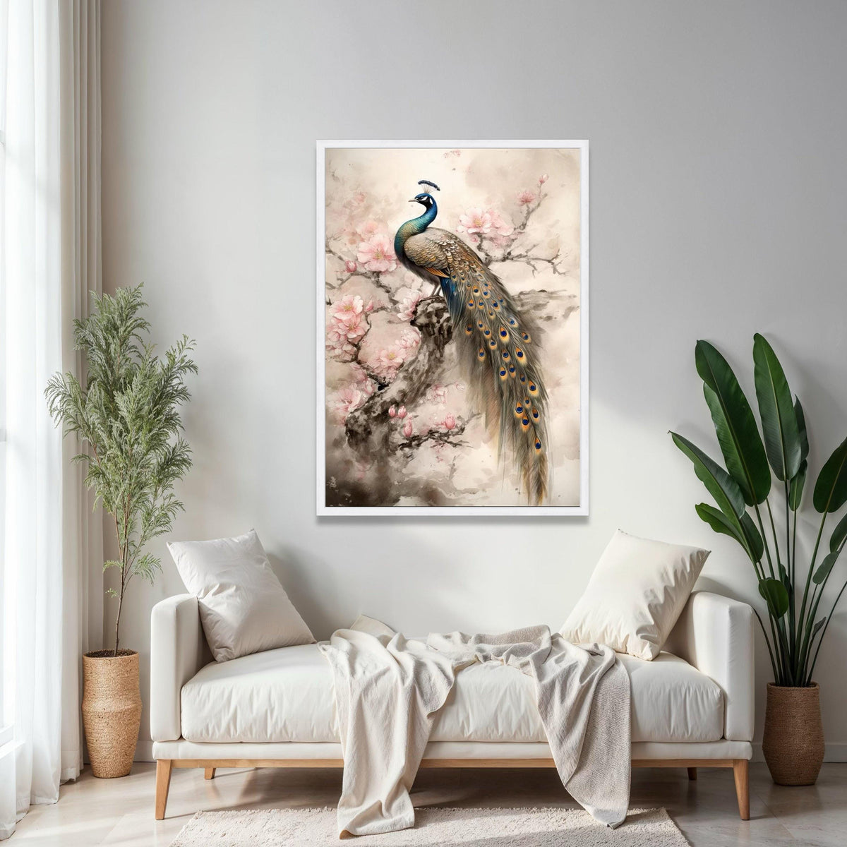 Elegant Peacock on Cherry Blossom Branch Canvas, Floral Wall Art, Nature Inspired Home Decor, Bird Canvas Gift Art, Home Decor, Print