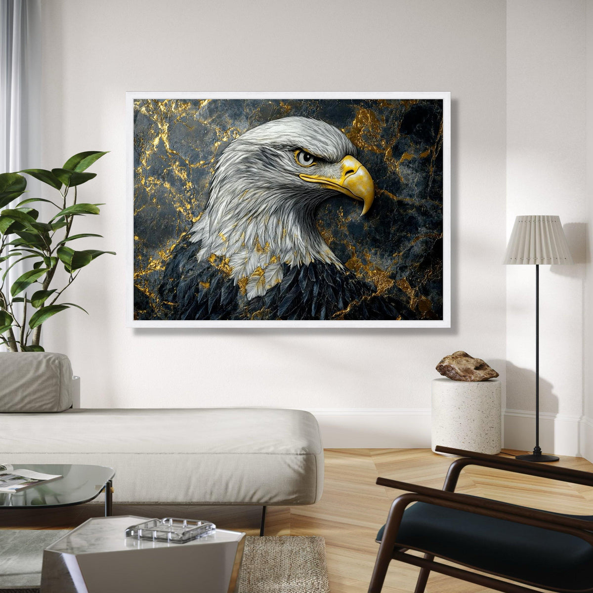 Majestic Bald Eagle Canvas Wall Art, Gold Marble Background, Wildlife Nature Print, Bold Bird Portrait Gift Art, Home Decor, Print