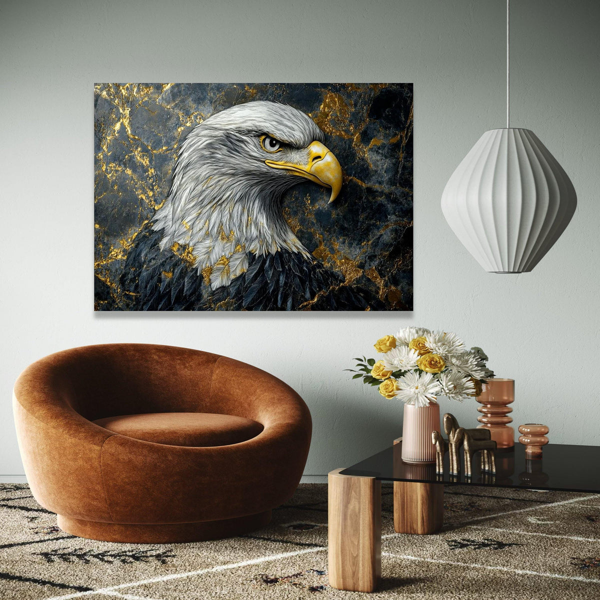 Majestic Bald Eagle Canvas Wall Art, Gold Marble Background, Wildlife Nature Print, Bold Bird Portrait Gift Art, Home Decor, Print