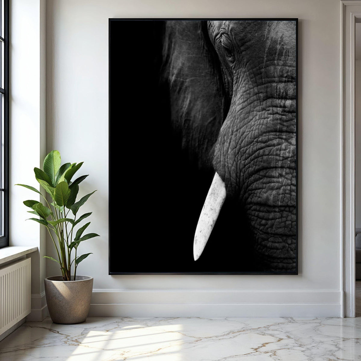 Majestic Elephant Close-Up Canvas Wall Art, Black and White Wildlife Portrait, Animal Decor, Safari Animal Gift Art, Home Decor, Print