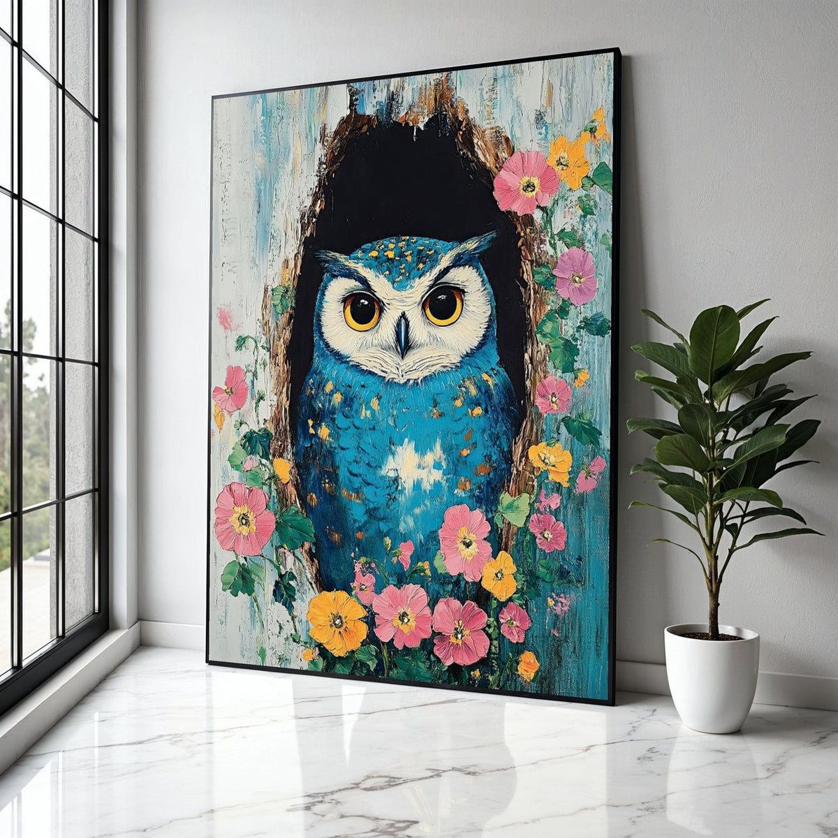 Vibrant Blue Owl Canvas Wall Art, Nature Bird Painting, Floral Tree Hollow, Whimsical Wildlife Canvas, Colorful Gift Art, Home Decor, Print