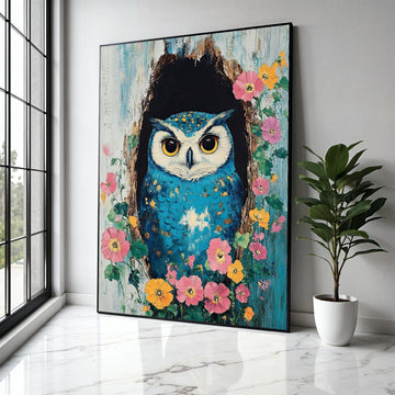 Vibrant Blue Owl Canvas Wall Art, Nature Bird Painting, Floral Tree Hollow, Whimsical Wildlife Canvas, Colorful Gift Art, Home Decor, Print