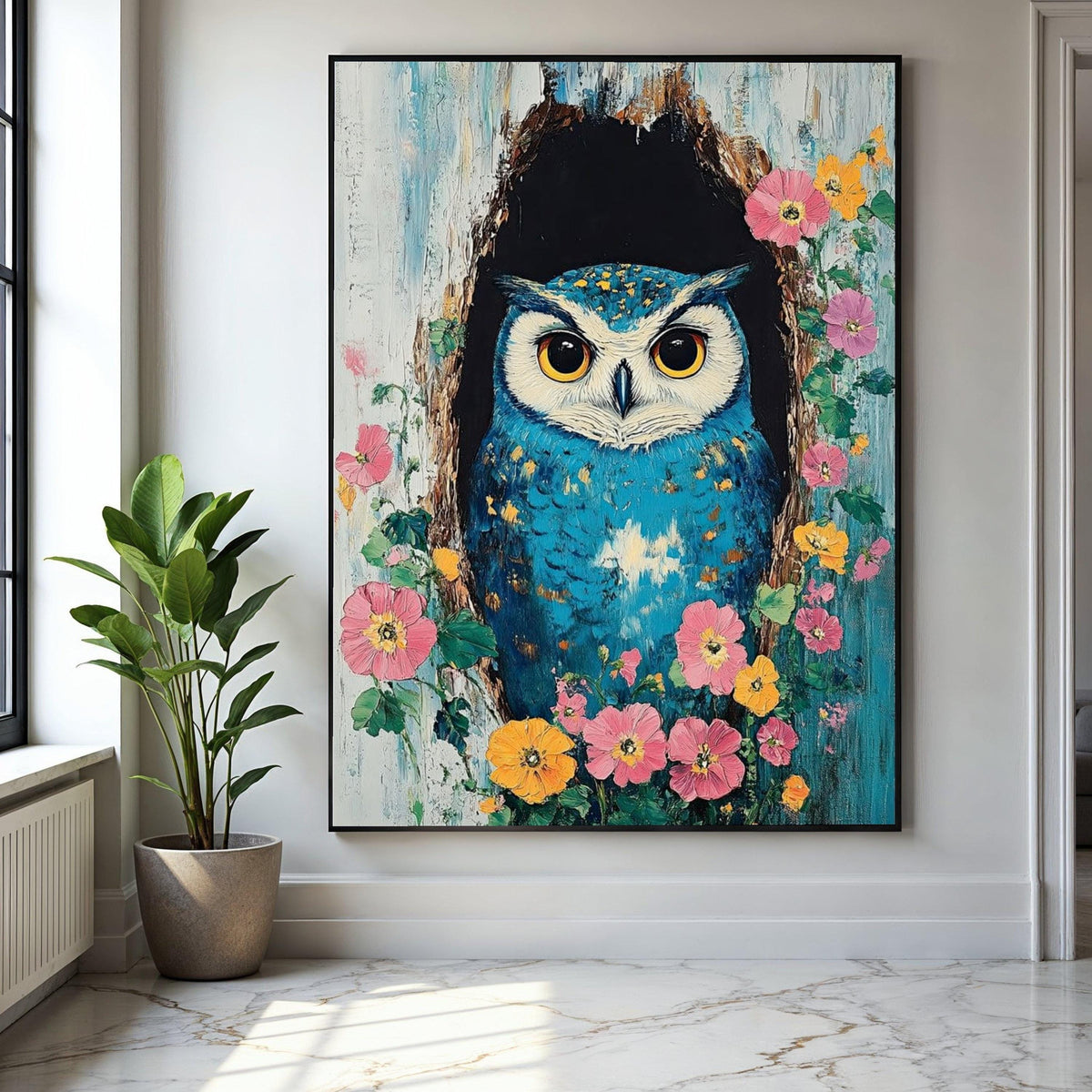 Vibrant Blue Owl Canvas Wall Art, Nature Bird Painting, Floral Tree Hollow, Whimsical Wildlife Canvas, Colorful Gift Art, Home Decor, Print