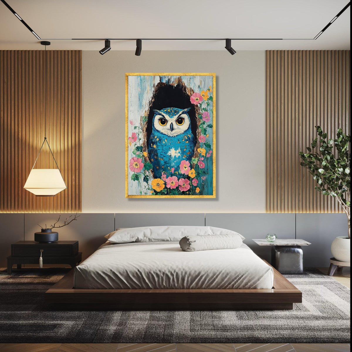 Vibrant Blue Owl Canvas Wall Art, Nature Bird Painting, Floral Tree Hollow, Whimsical Wildlife Canvas, Colorful Gift Art, Home Decor, Print