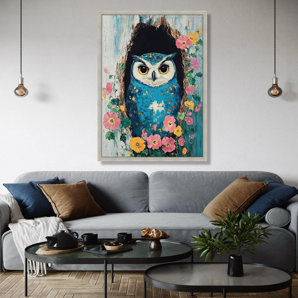 Vibrant Blue Owl Canvas Wall Art, Nature Bird Painting, Floral Tree Hollow, Whimsical Wildlife Canvas, Colorful Gift Art, Home Decor, Print
