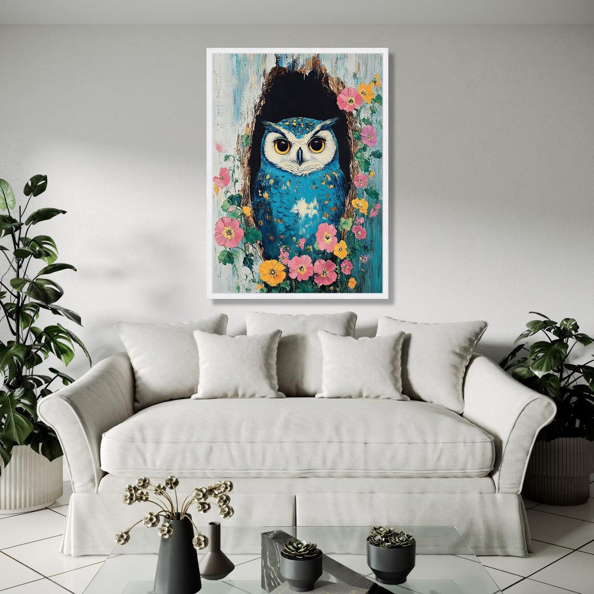 Vibrant Blue Owl Canvas Wall Art, Nature Bird Painting, Floral Tree Hollow, Whimsical Wildlife Canvas, Colorful Gift Art, Home Decor, Print