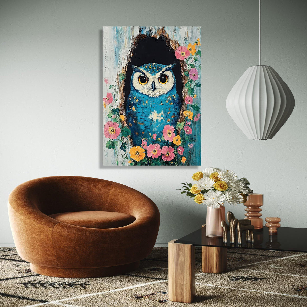 Vibrant Blue Owl Canvas Wall Art, Nature Bird Painting, Floral Tree Hollow, Whimsical Wildlife Canvas, Colorful Gift Art, Home Decor, Print