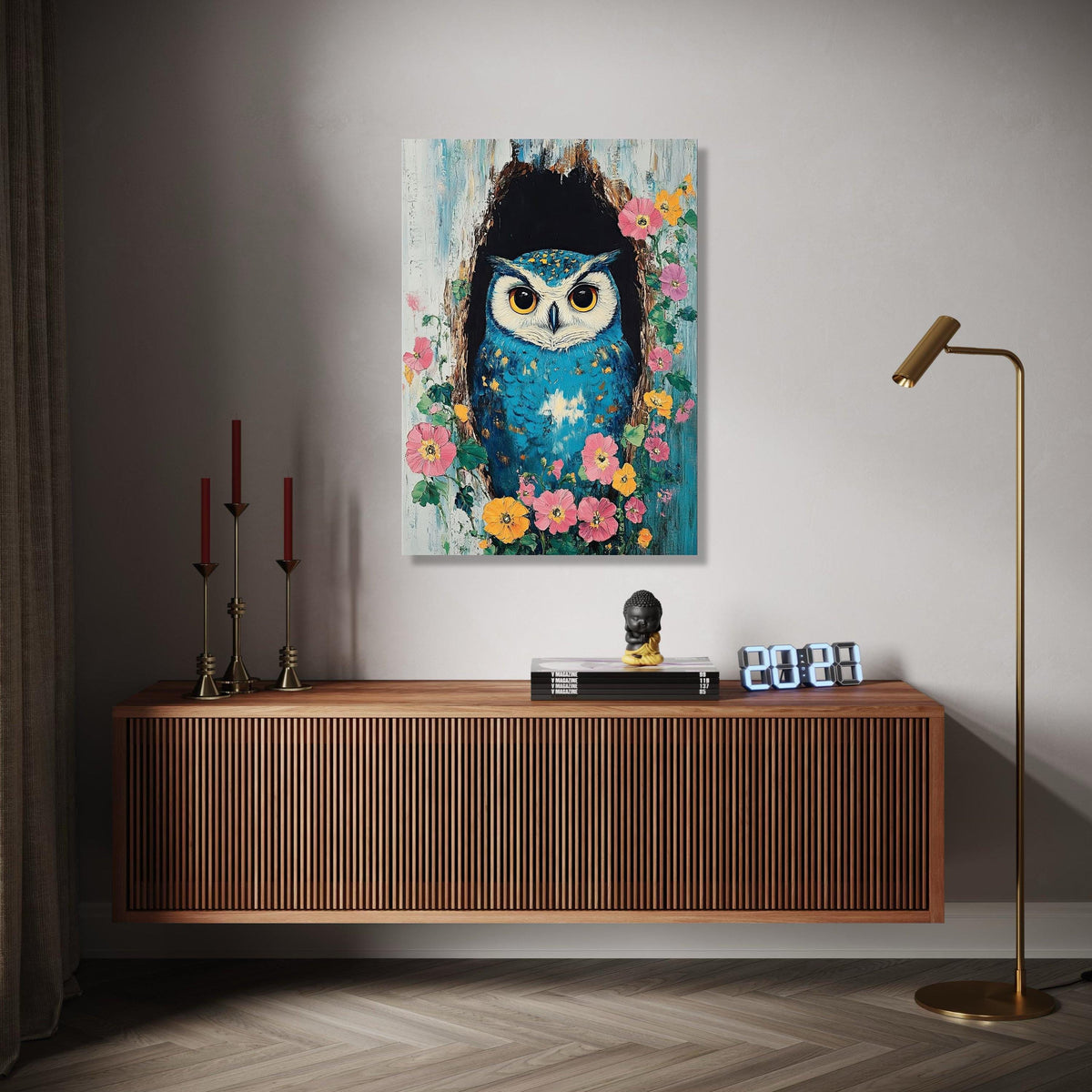 Vibrant Blue Owl Canvas Wall Art, Nature Bird Painting, Floral Tree Hollow, Whimsical Wildlife Canvas, Colorful Gift Art, Home Decor, Print