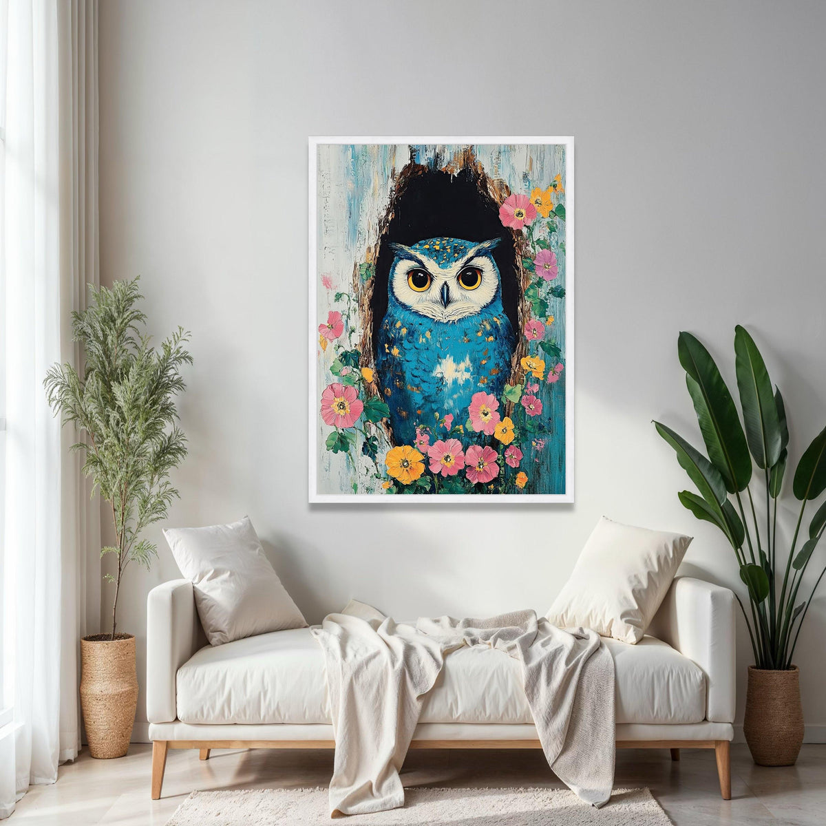 Vibrant Blue Owl Canvas Wall Art, Nature Bird Painting, Floral Tree Hollow, Whimsical Wildlife Canvas, Colorful Gift Art, Home Decor, Print