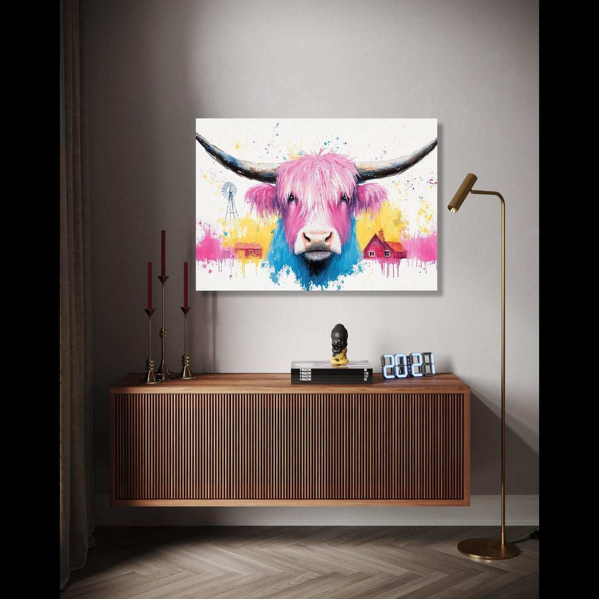 Colorful Highland Cow Canvas, Pink Blue Farm Animal Wall Art, Modern Rustic Canvas, Country Home Decoration, Gift Art, Home Decor, Print