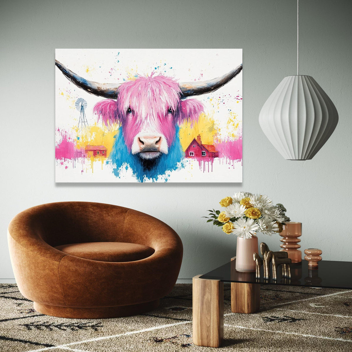 Colorful Highland Cow Canvas, Pink Blue Farm Animal Wall Art, Modern Rustic Canvas, Country Home Decoration, Gift Art, Home Decor, Print