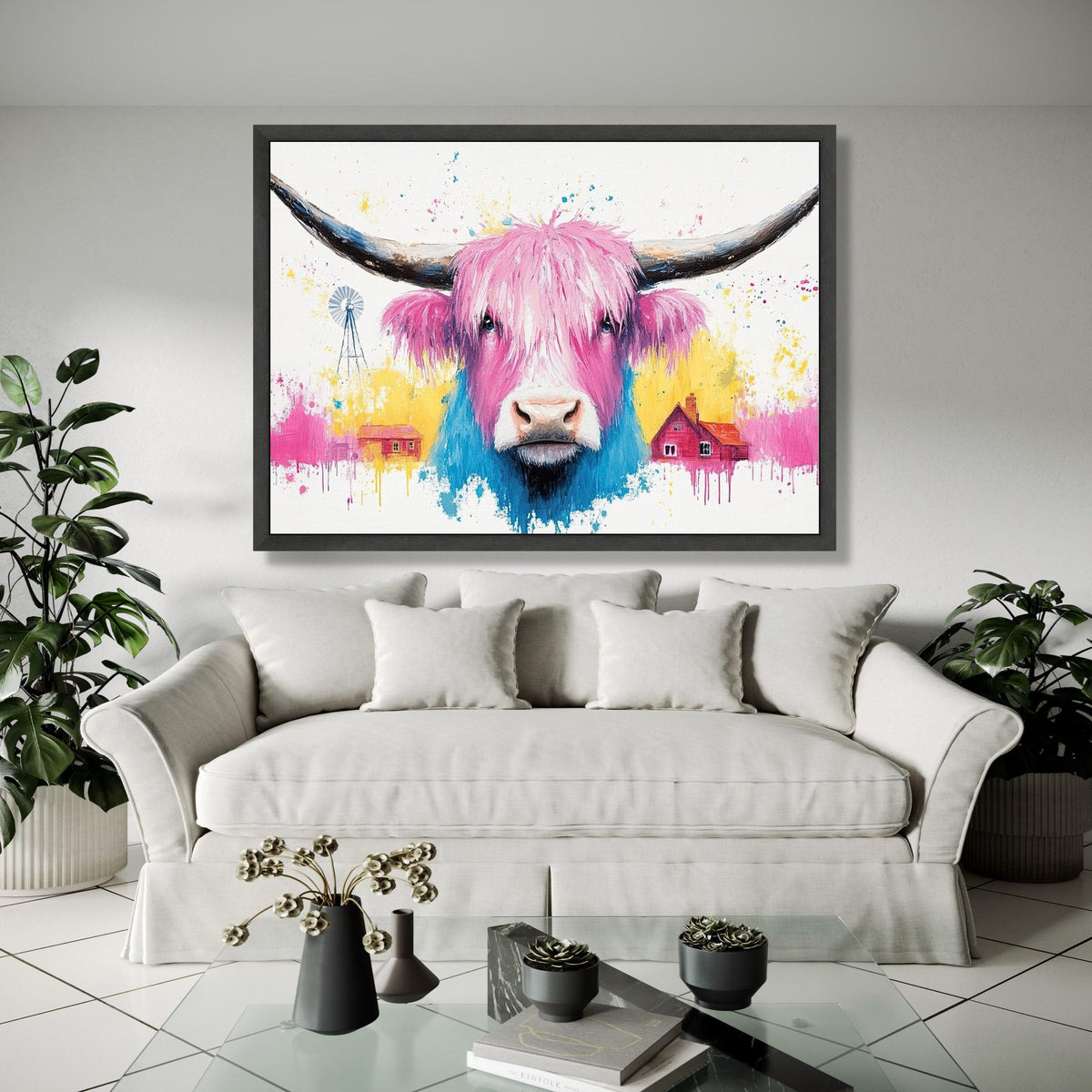 Colorful Highland Cow Canvas, Pink Blue Farm Animal Wall Art, Modern Rustic Canvas, Country Home Decoration, Gift Art, Home Decor, Print