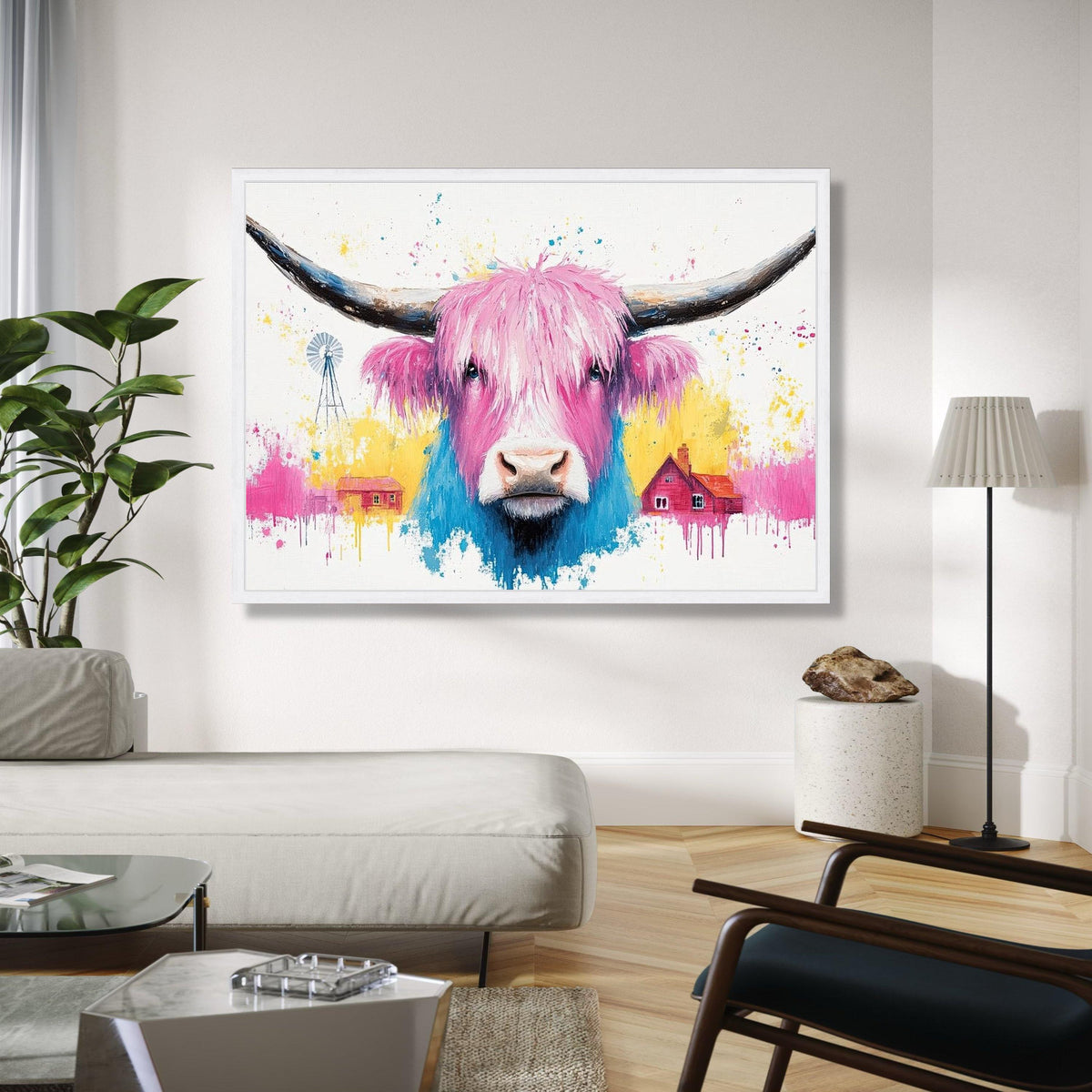 Colorful Highland Cow Canvas, Pink Blue Farm Animal Wall Art, Modern Rustic Canvas, Country Home Decoration, Gift Art, Home Decor, Print