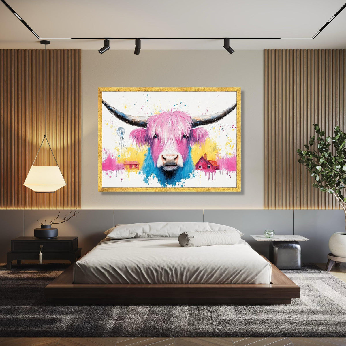 Colorful Highland Cow Canvas, Pink Blue Farm Animal Wall Art, Modern Rustic Canvas, Country Home Decoration, Gift Art, Home Decor, Print