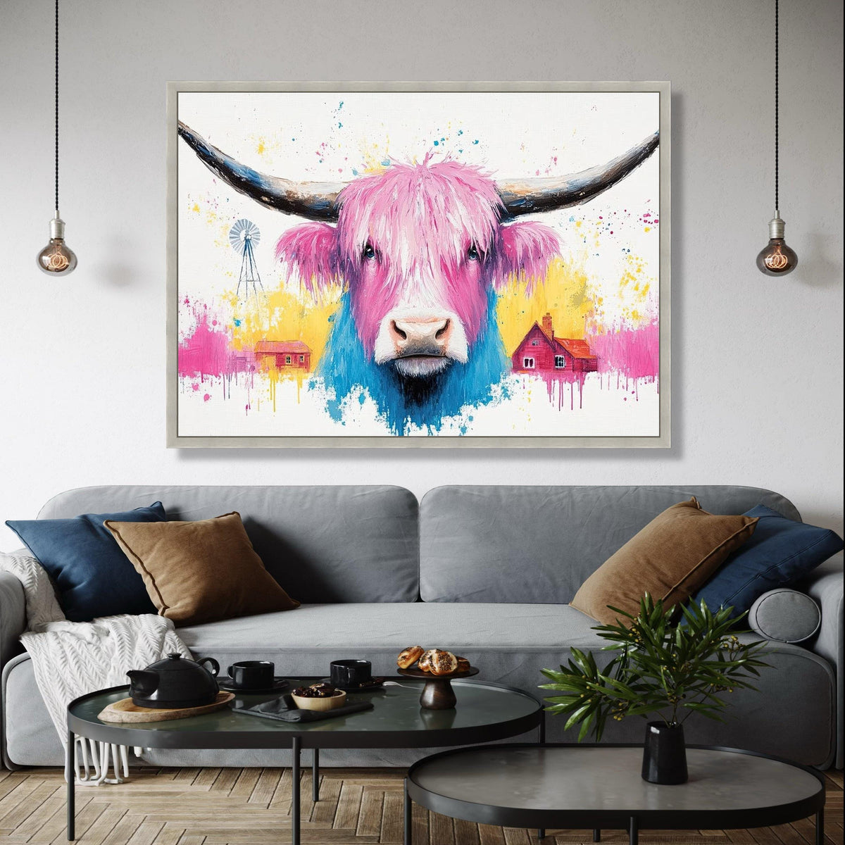 Colorful Highland Cow Canvas, Pink Blue Farm Animal Wall Art, Modern Rustic Canvas, Country Home Decoration, Gift Art, Home Decor, Print