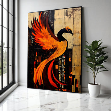 Fiery Phoenix Abstract Canvas, Modern Bird Wall Art, Orange Black Fantasy Painting, Dramatic Home Decor, Ready Gift Art, Home Decor, Print