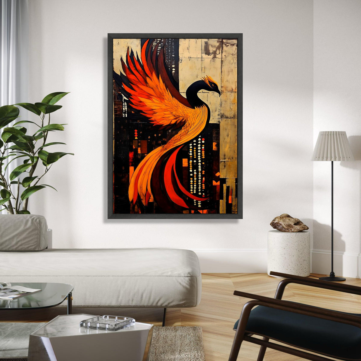Fiery Phoenix Abstract Canvas, Modern Bird Wall Art, Orange Black Fantasy Painting, Dramatic Home Decor, Ready Gift Art, Home Decor, Print