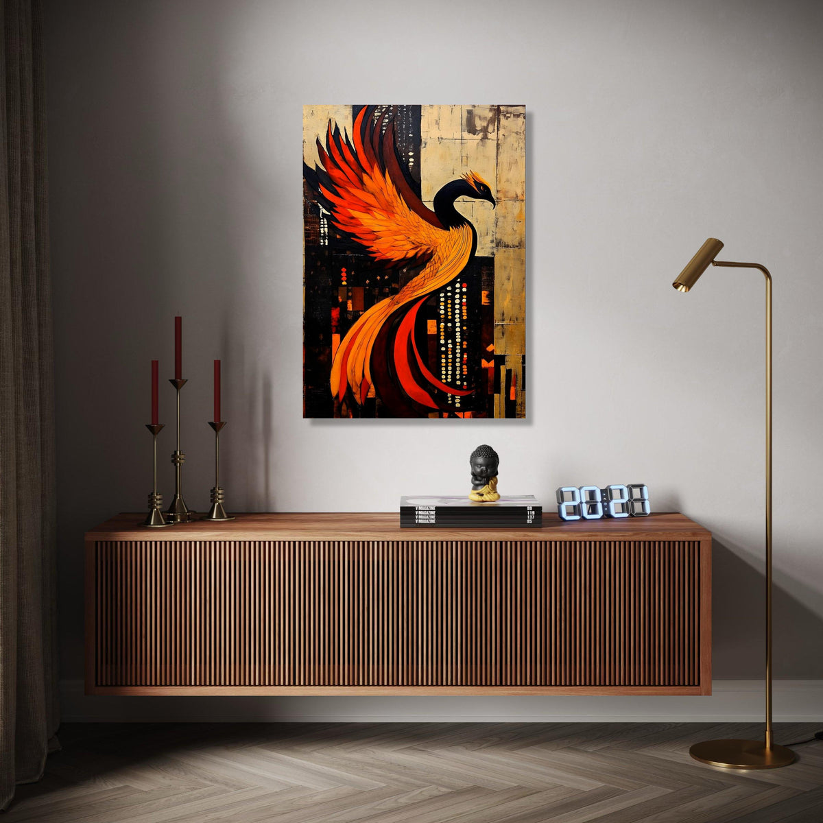 Fiery Phoenix Abstract Canvas, Modern Bird Wall Art, Orange Black Fantasy Painting, Dramatic Home Decor, Ready Gift Art, Home Decor, Print
