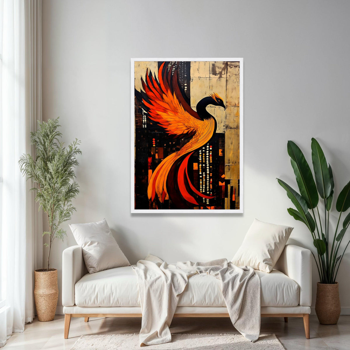 Fiery Phoenix Abstract Canvas, Modern Bird Wall Art, Orange Black Fantasy Painting, Dramatic Home Decor, Ready Gift Art, Home Decor, Print