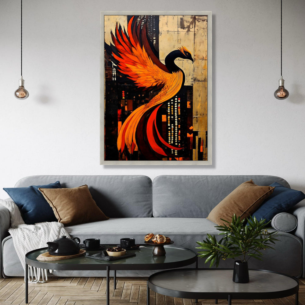 Fiery Phoenix Abstract Canvas, Modern Bird Wall Art, Orange Black Fantasy Painting, Dramatic Home Decor, Ready Gift Art, Home Decor, Print