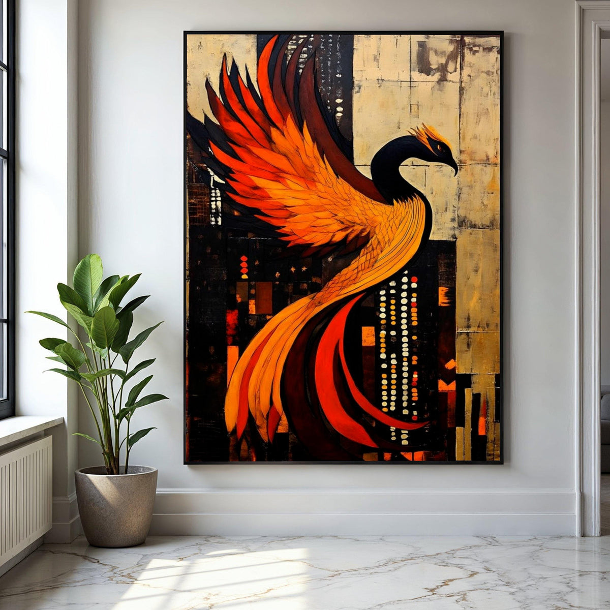 Fiery Phoenix Abstract Canvas, Modern Bird Wall Art, Orange Black Fantasy Painting, Dramatic Home Decor, Ready Gift Art, Home Decor, Print