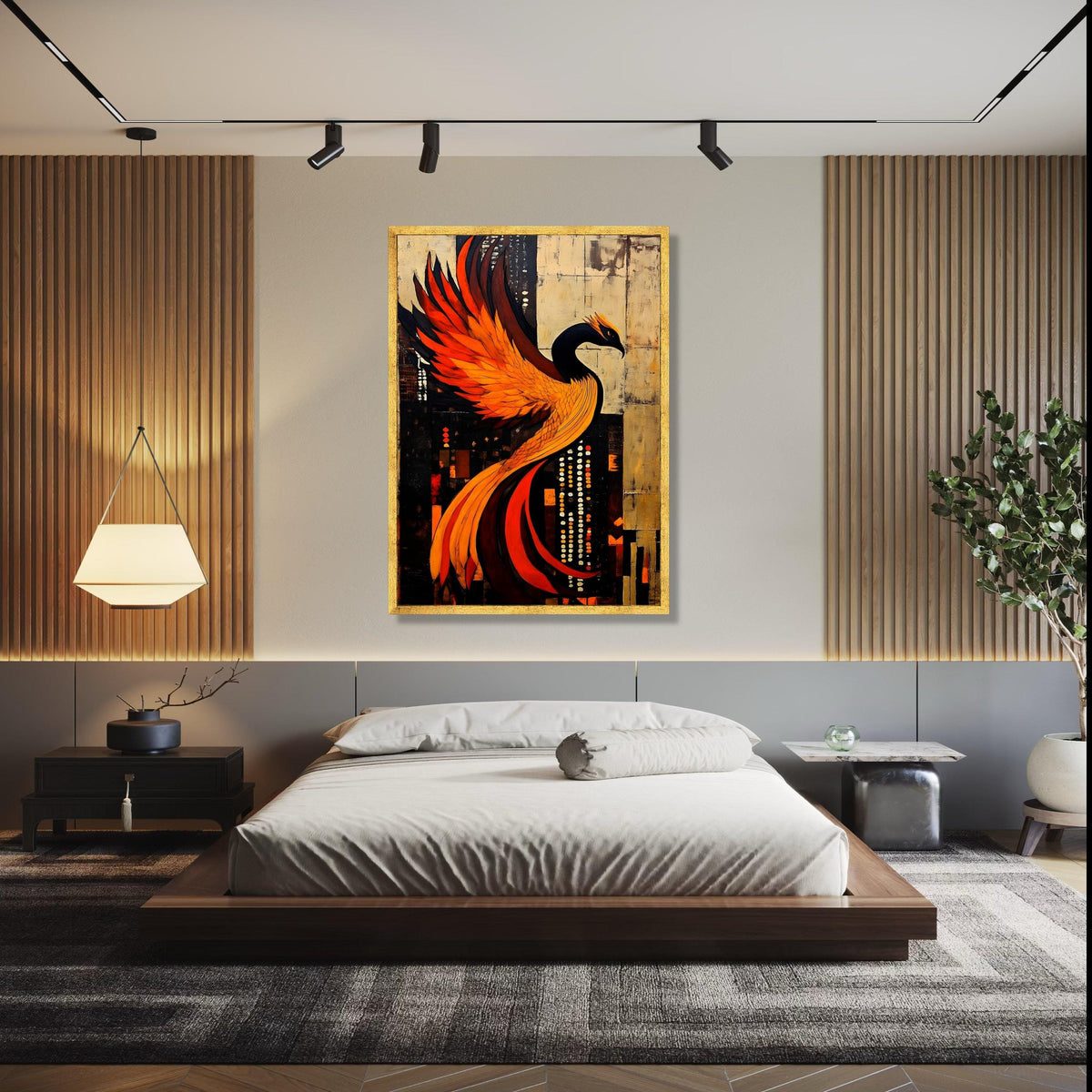 Fiery Phoenix Abstract Canvas, Modern Bird Wall Art, Orange Black Fantasy Painting, Dramatic Home Decor, Ready Gift Art, Home Decor, Print