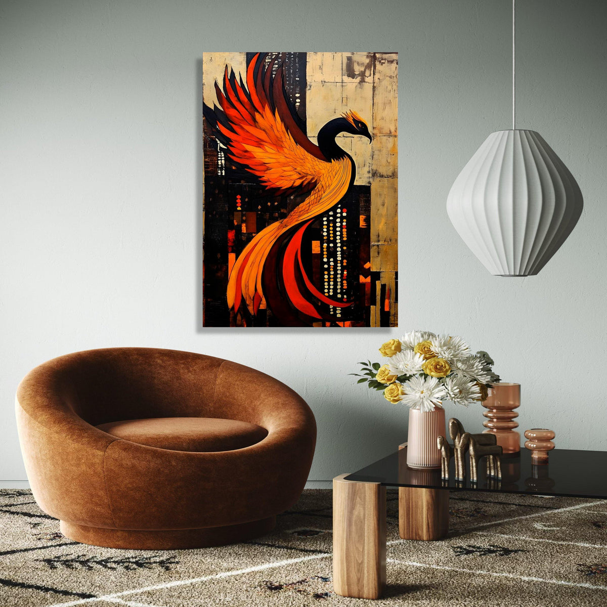 Fiery Phoenix Abstract Canvas, Modern Bird Wall Art, Orange Black Fantasy Painting, Dramatic Home Decor, Ready Gift Art, Home Decor, Print