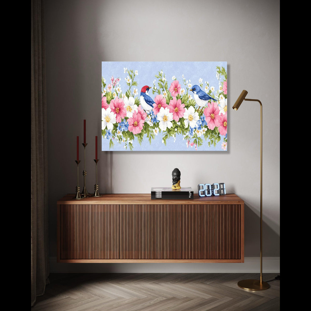 Charming Floral Border Canvas Wall Art, Pink and White Flowers with Blue Birds, Nature Inspired Home Decor, Gift Art, Home Decor, Print