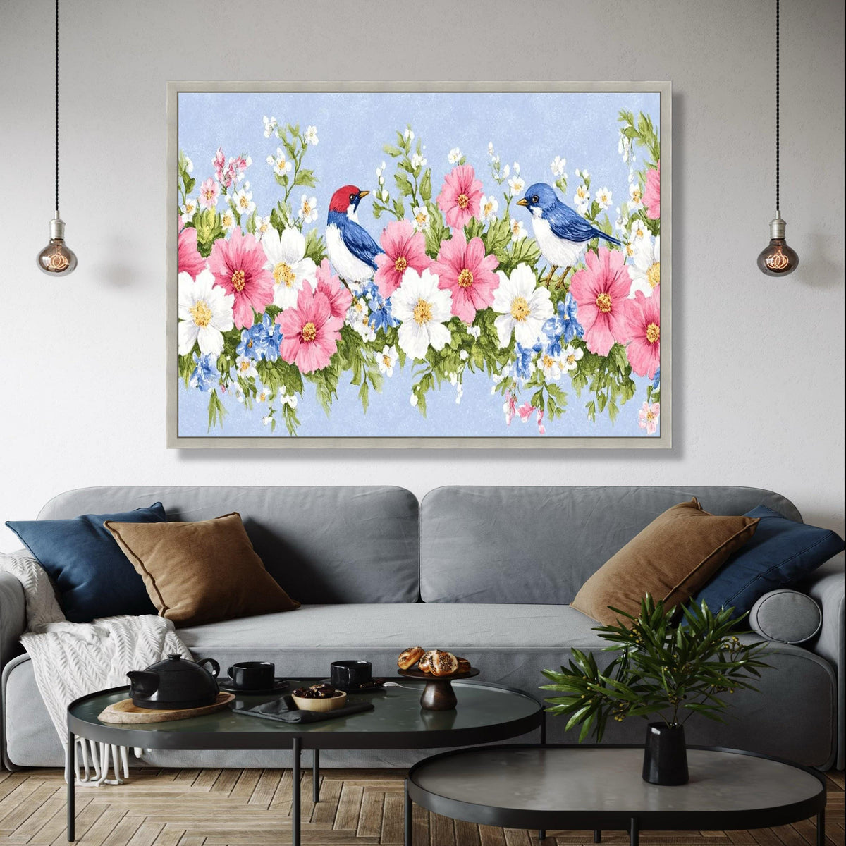 Charming Floral Border Canvas Wall Art, Pink and White Flowers with Blue Birds, Nature Inspired Home Decor, Gift Art, Home Decor, Print