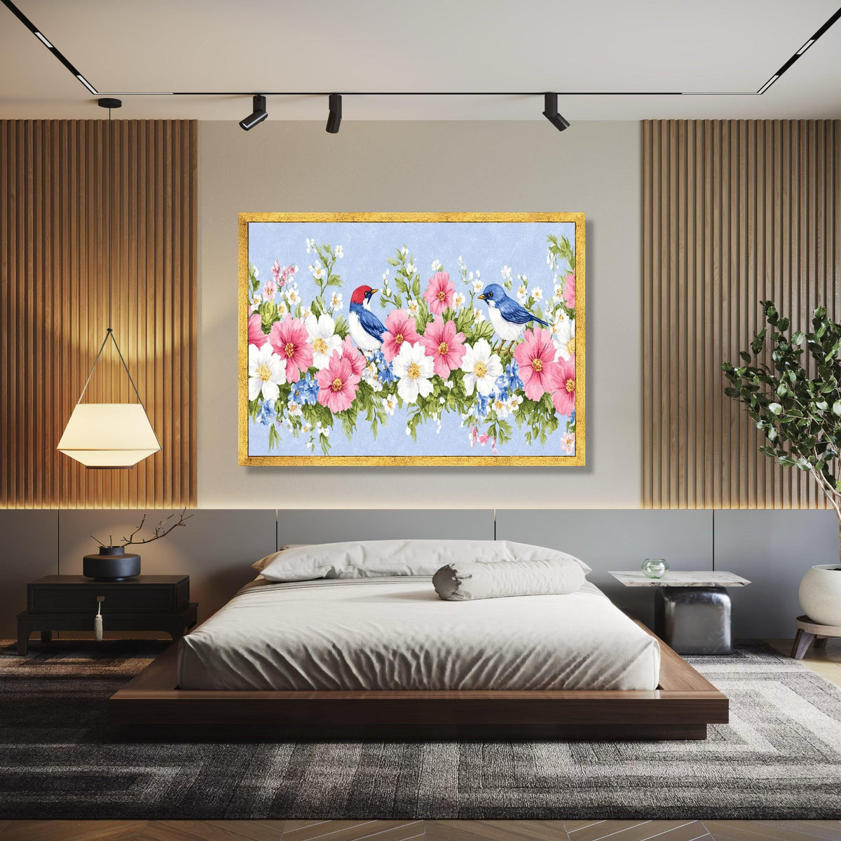 Charming Floral Border Canvas Wall Art, Pink and White Flowers with Blue Birds, Nature Inspired Home Decor, Gift Art, Home Decor, Print