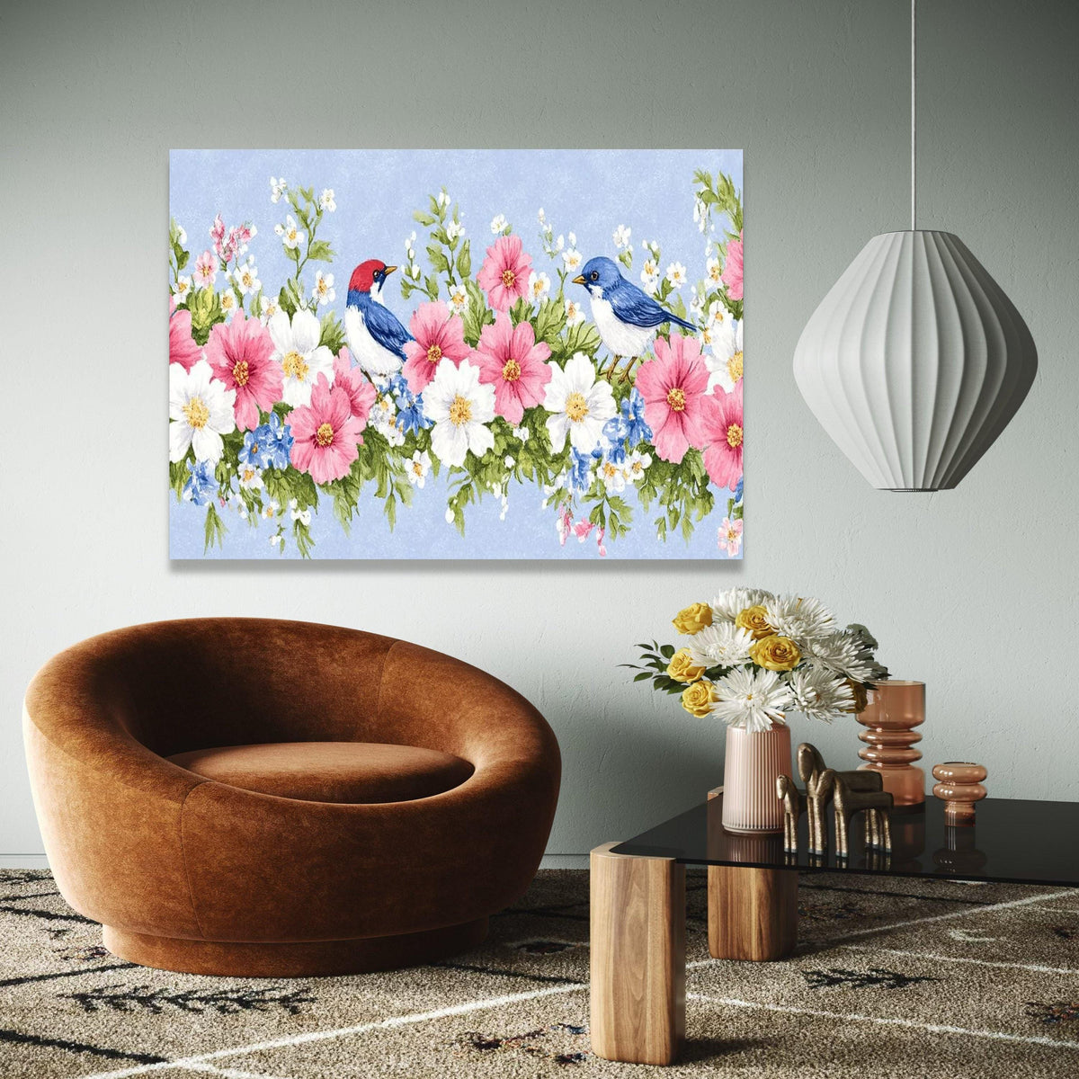 Charming Floral Border Canvas Wall Art, Pink and White Flowers with Blue Birds, Nature Inspired Home Decor, Gift Art, Home Decor, Print