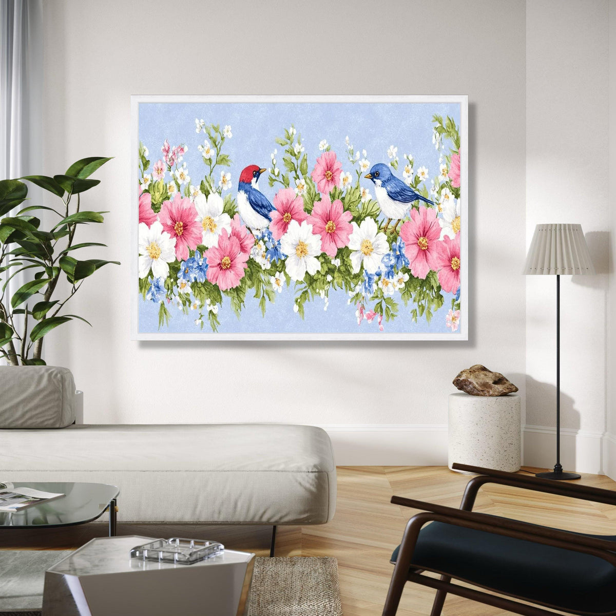 Charming Floral Border Canvas Wall Art, Pink and White Flowers with Blue Birds, Nature Inspired Home Decor, Gift Art, Home Decor, Print