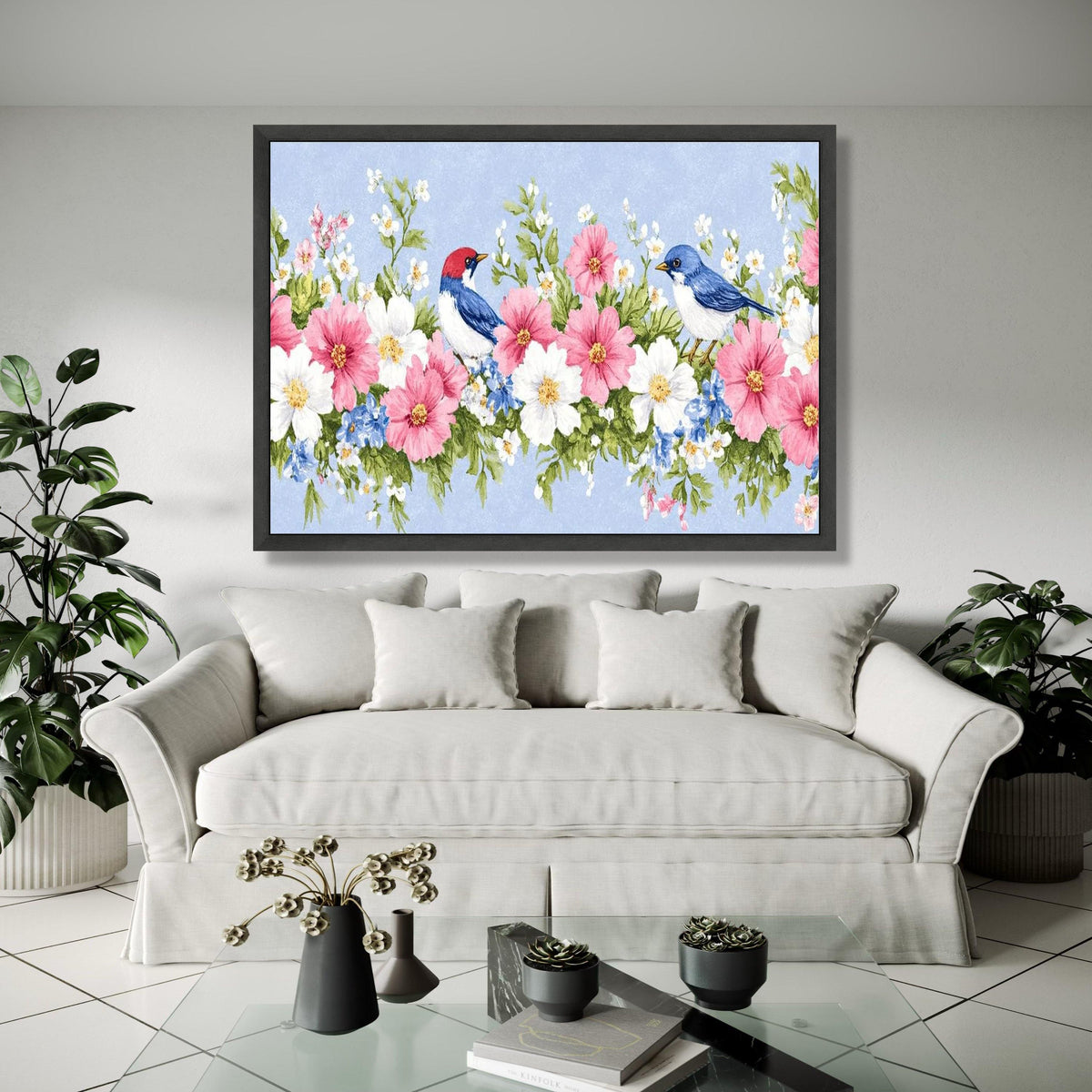 Charming Floral Border Canvas Wall Art, Pink and White Flowers with Blue Birds, Nature Inspired Home Decor, Gift Art, Home Decor, Print