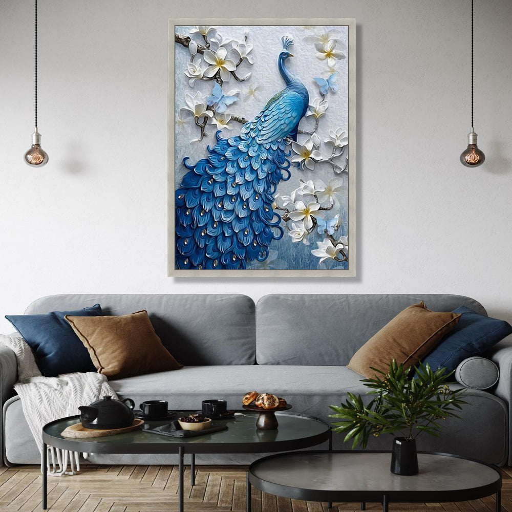 Elegant Blue Peacock Canvas, Floral Wall Art with White Blossoms and Butterflies, Nature Canvas Decor, Bird Gift Art, Home Decor, Print